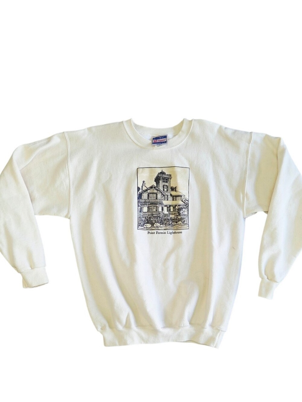Point Fermin Lighthouse Graphic Crewneck Sweater -cream vintage medium - Picture 1 of 8